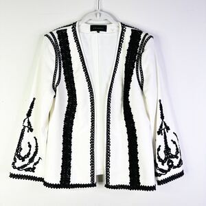 Kobi Halperin Blazer Women M White Linen Cotton Black Trim Open Front Regency